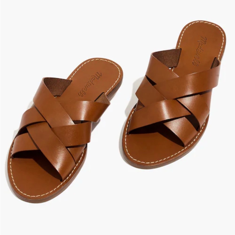 Madewell Vegetable Tanned Leather Woven Boardwalk Sandals Mules Slides 9.5/10
